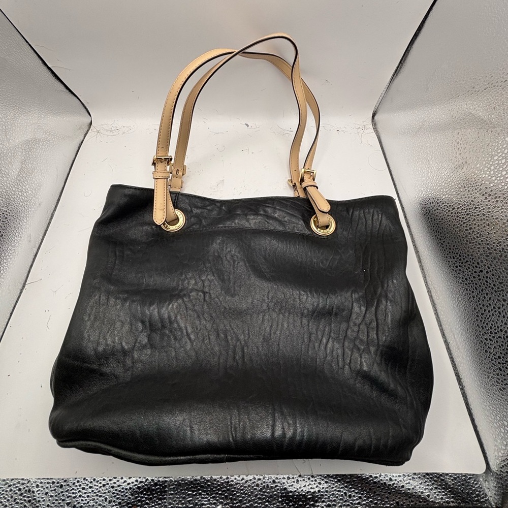 Michael Kors Black Leather Tote Bag with Tan Straps